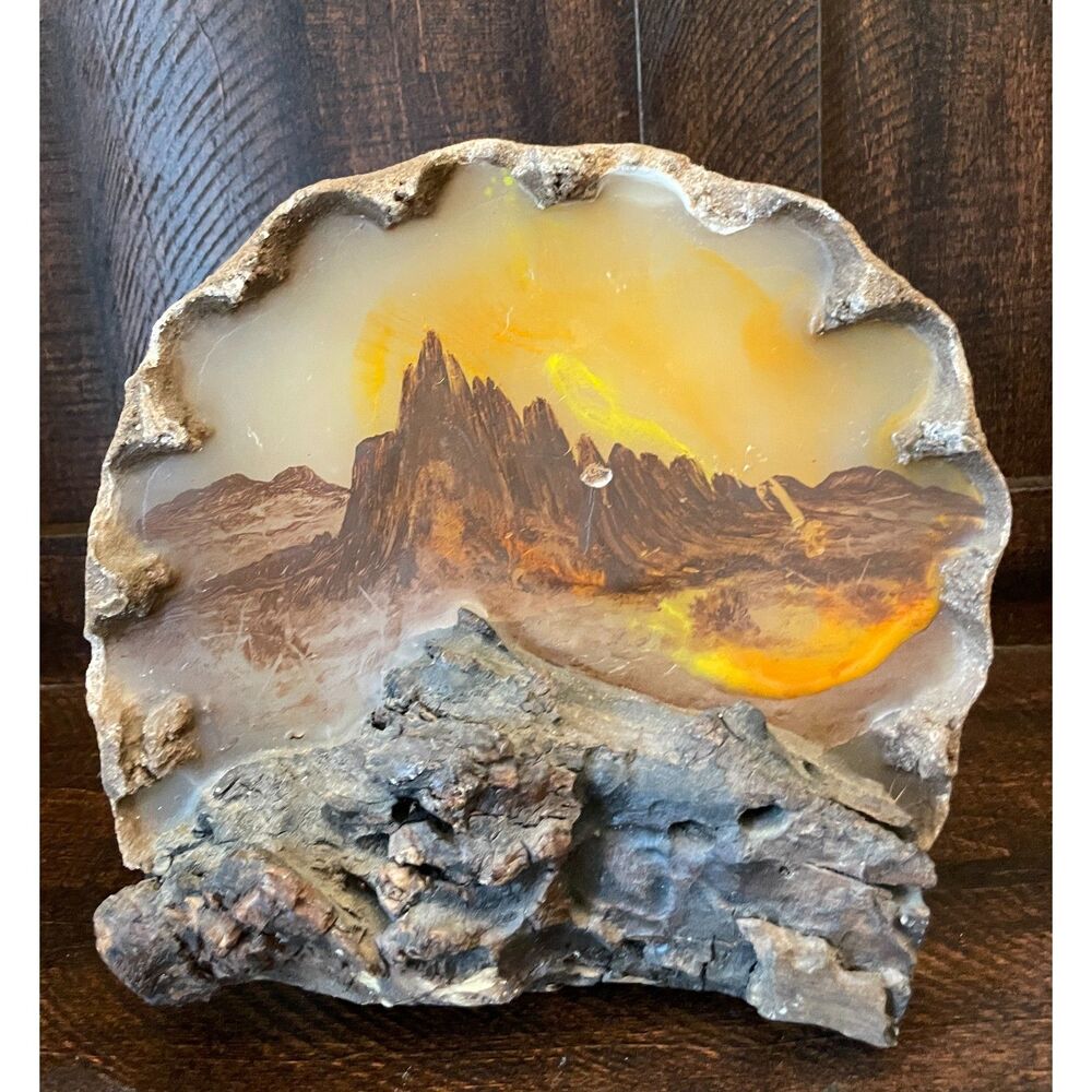 Vintage Bark Wax Candle Luminary Hand Painted Mountain Landscape Rustic Folk Art